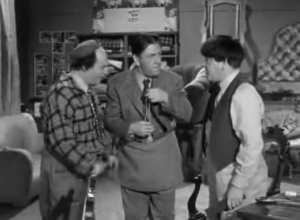 Larry, Shemp and Moe hurt each other as upholsterers in Hugs and Mugs