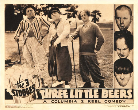 Three Little Beers - poster, with Curly, Moe and Larry on the golf course