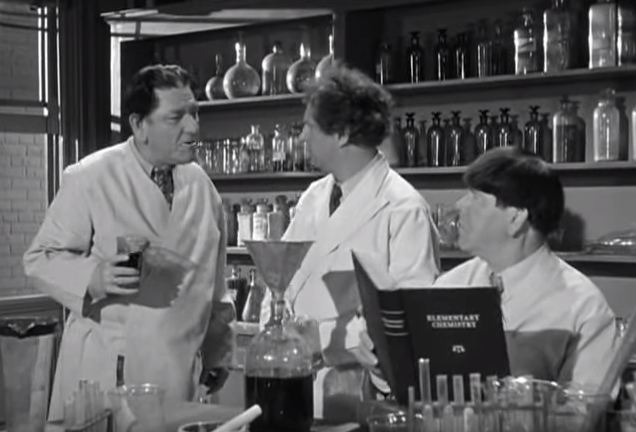Shemp Howard, Larry Fine and Moe Howard try to mix up rocket fuel