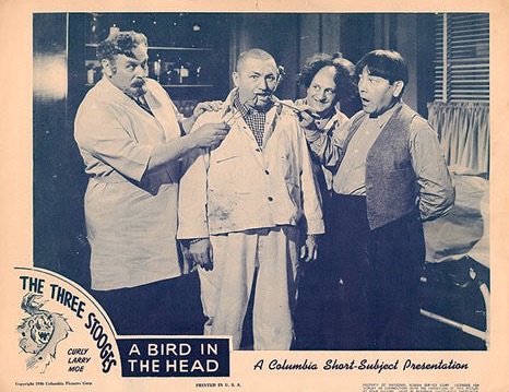 Vernon Dent as a mad scientist in A Bird in the Head (1946) starring the Three Stooges - Moe Howard, Larry Fine, Curly Howard