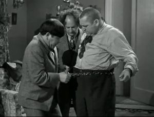 Three Smart Saps - Moe, Larry, Curly trying to get Curlys belt on
