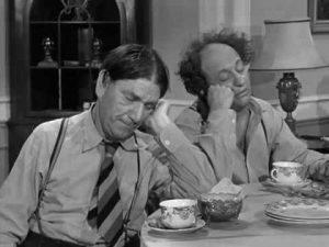 Shemp and Larry put to sleep by Moe's speech