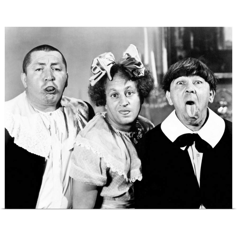 The Three Stooges - Moe Howard, Larry Fine, and Curly Howard - dress as children in this scene from All the World's a Stooge (1941)