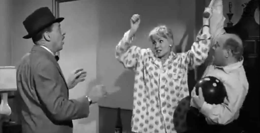 In Fifi Blows Her Top, Fifi has had enough, and is about to assault Philip van Zandt with a baseball bat - until Joe Besser helpfully gives her a bowling ball instead!