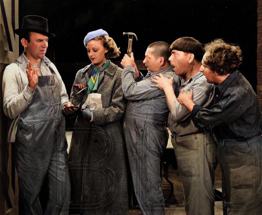 Ted Healy and his Stooges (Moe Howard, Larry Fine, Curly Howard) with Bonnie Bonnell - colorized photo
