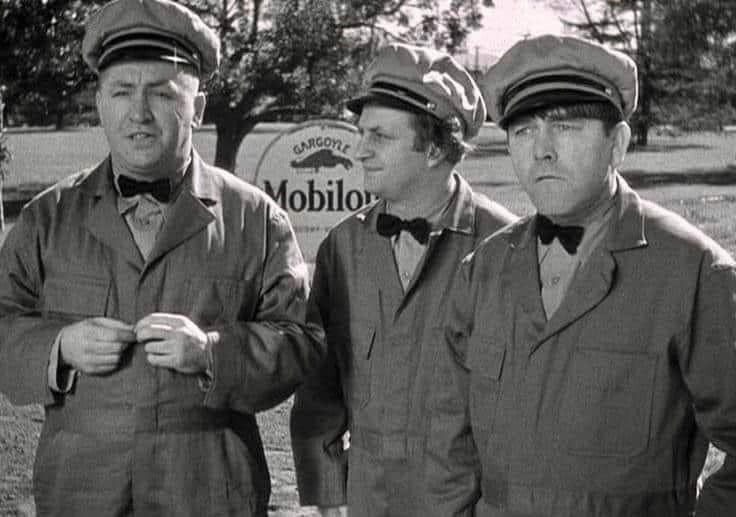 Super service! Curly, Larry, and Moe as gas station attendants in "Violent is the Word for Curly"