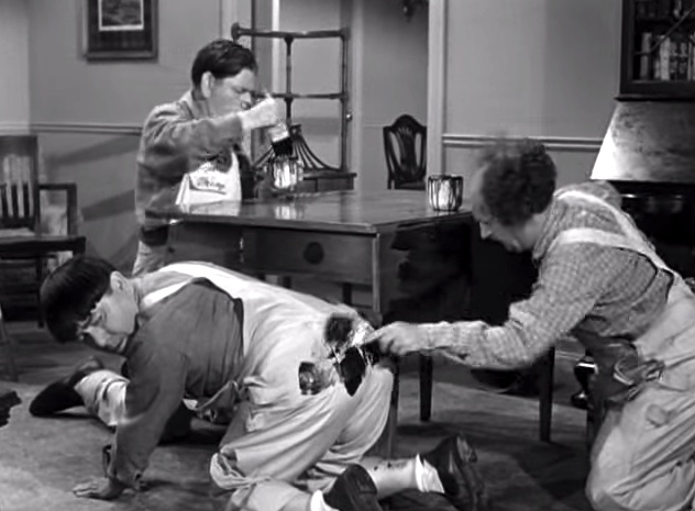 A Snitch in Time - the Three Stooges (Moe, Shemp, Larry) staining furniture, and getting a little behind in their work