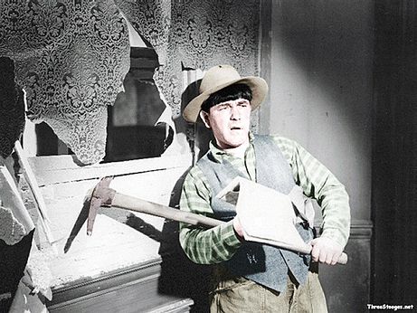 Cash and Carry - colorized photo of Moe Howard mining