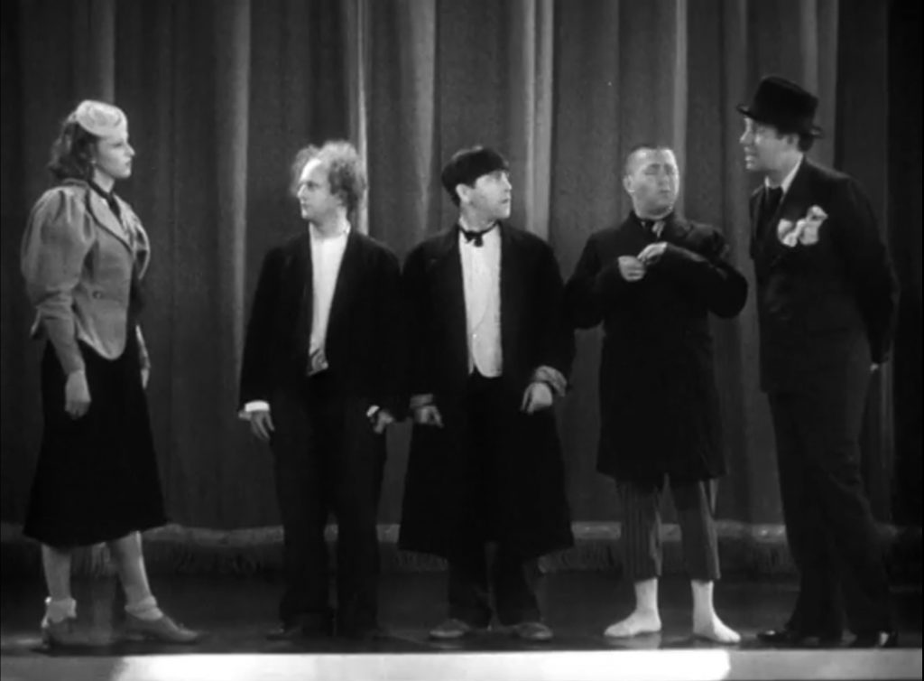 Cats of characters in "Plane Nuts" - Bonnie Bonnell, Larry Fine, Moe Howard, Curly Howard, Ted Healy