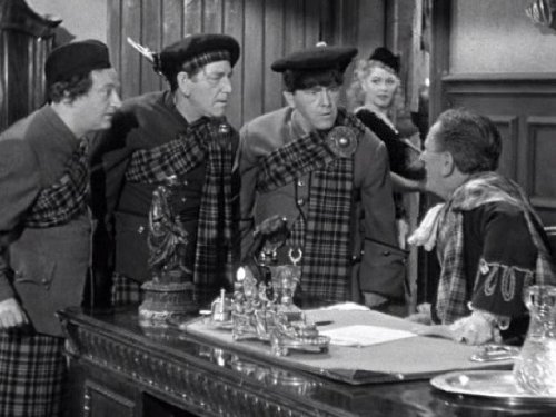 Cast of "Scotched in Scotland" - Larry, Shemp, Moe, Christine McIntyre