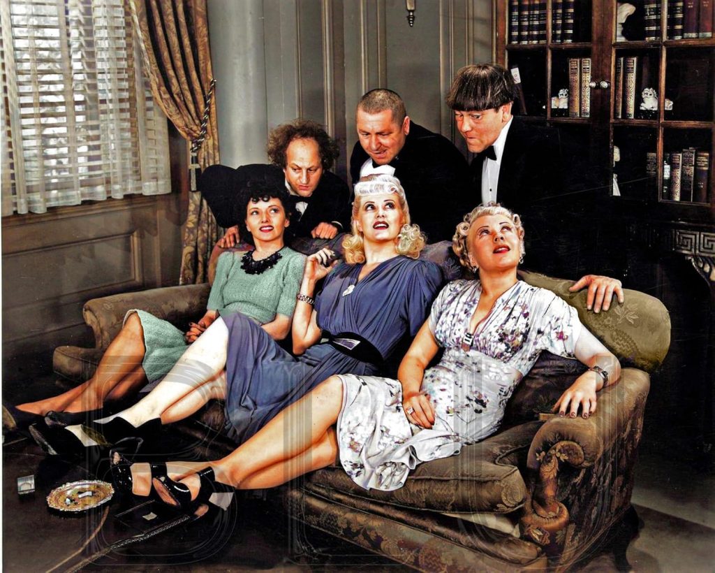 colorized photo of the Three Stooges with their wives in "In the Sweet Pie and Pie"