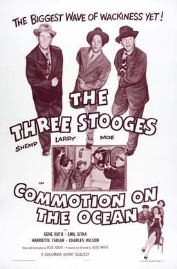 Movie poster for Commotion on the Ocean, featuring Shemp Howard, Larry Fine, Moe Howard