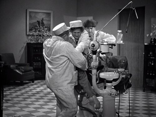 Chaos in the dentist office in "All the World's a Stooge" - Moe, Larry, Curly