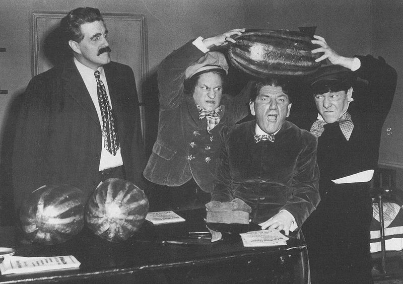 Dunked in the Deep - promotional photo for the Three Stooges short film, with Gene Roth, Larry Fine, Shemp Howard, Moe Howard, and the watermelons