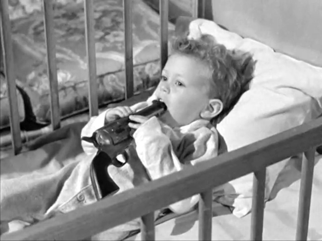 In "Baby Sitters Jitters", Junior is chewing on a gun!  And its not even the Three Stooges fault!