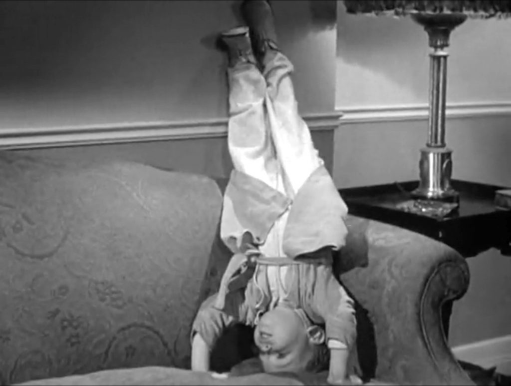 In the happy ending, Junior emulates Shemp by standing on his head in "Baby Sitters Jitters"