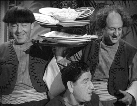 Shemp: [after nearly bumping into Moe and Larry] Boy, if I hadn't ducked, we would have collided sure. What a narrow escape. [stands up and knocks over the dishes being held above him]