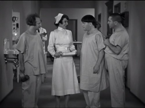 Hiccuping Nurse aks: "Dr. Howard, Dr. Fine, Dr. Howard! Is it true that an apple a day keeps the doctor away?"