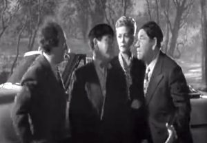 Of Cash and Hash - the Three Stooges (Larry, Moe, Shemp) and Christine McIntyre outside the crooks' hideout