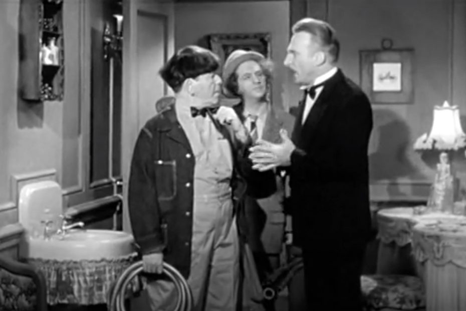Emil Sitka asks Moe Howard and Larry Fine to "please work quietly" in "Scheming Schemers"