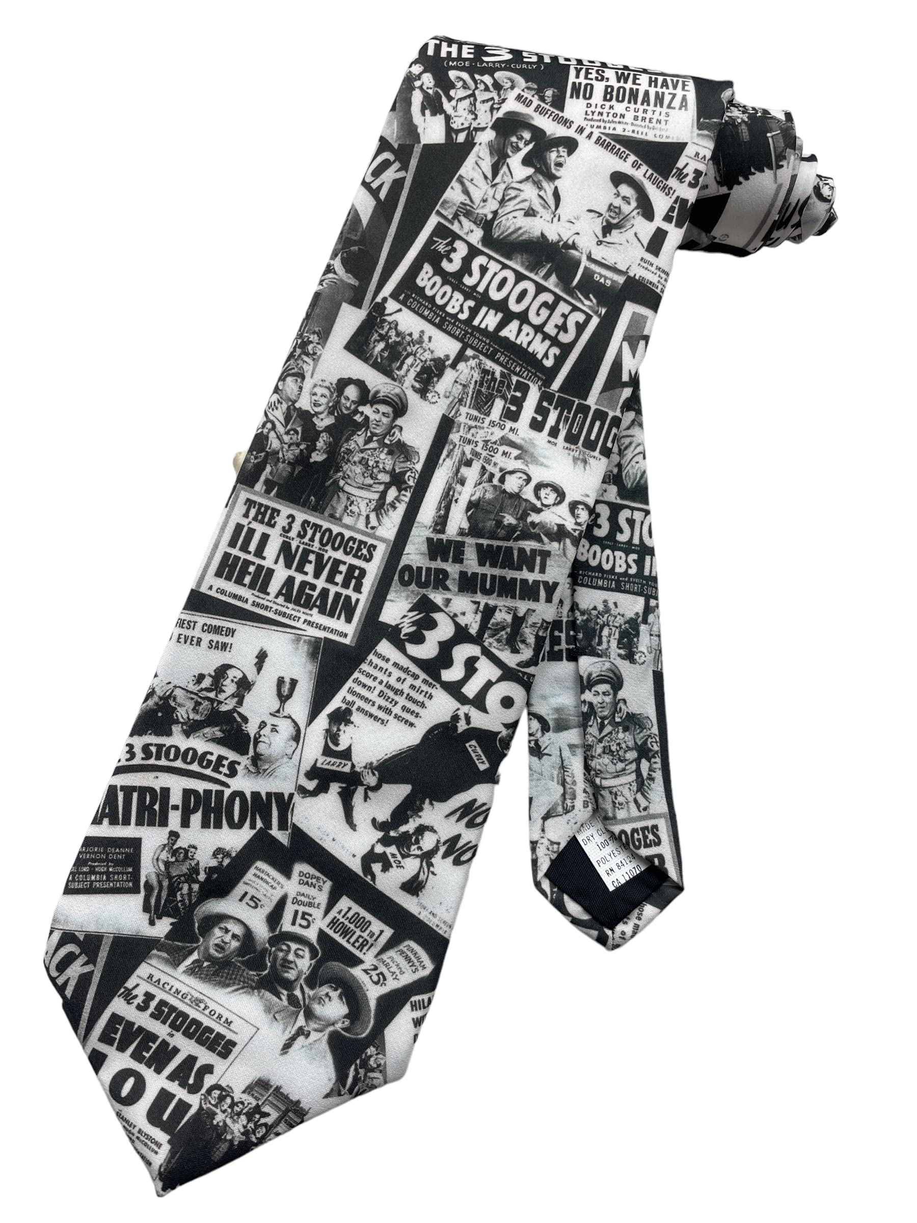 Three Stooges tie, featuring movie posters from several of their shorts