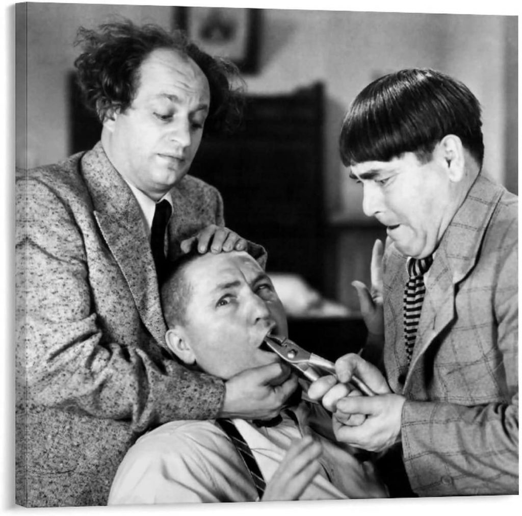 Photographic still of the Three Stooges (Moe Howard, Larry Fine, Curly Howard) preparing to pull one of Curly's teeth with a pliers from the Three Stooges short film I Can Hardly Wait (1943).