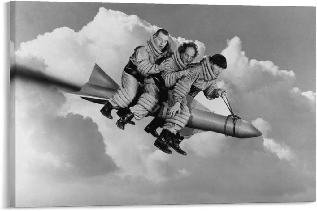 Publicity photo of Curly Joe, Larry, Moe riding a rocket in the Three Stooges feature film, "Have Rocket Will Travel"
