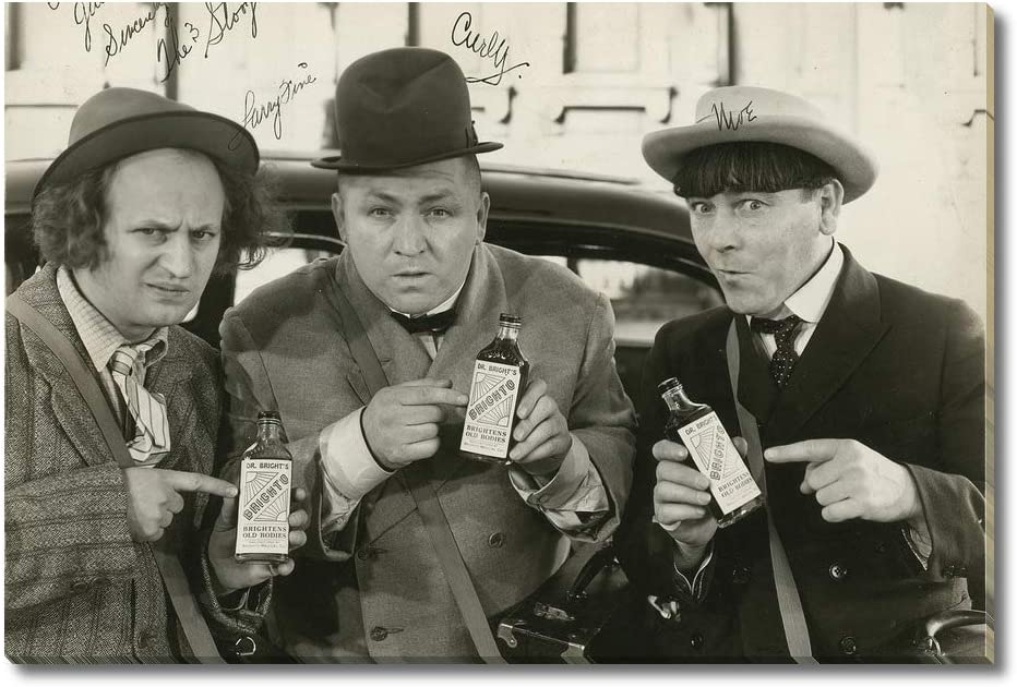 Larry, Curly, Moe selling Brighto in "Dizzy Doctors"