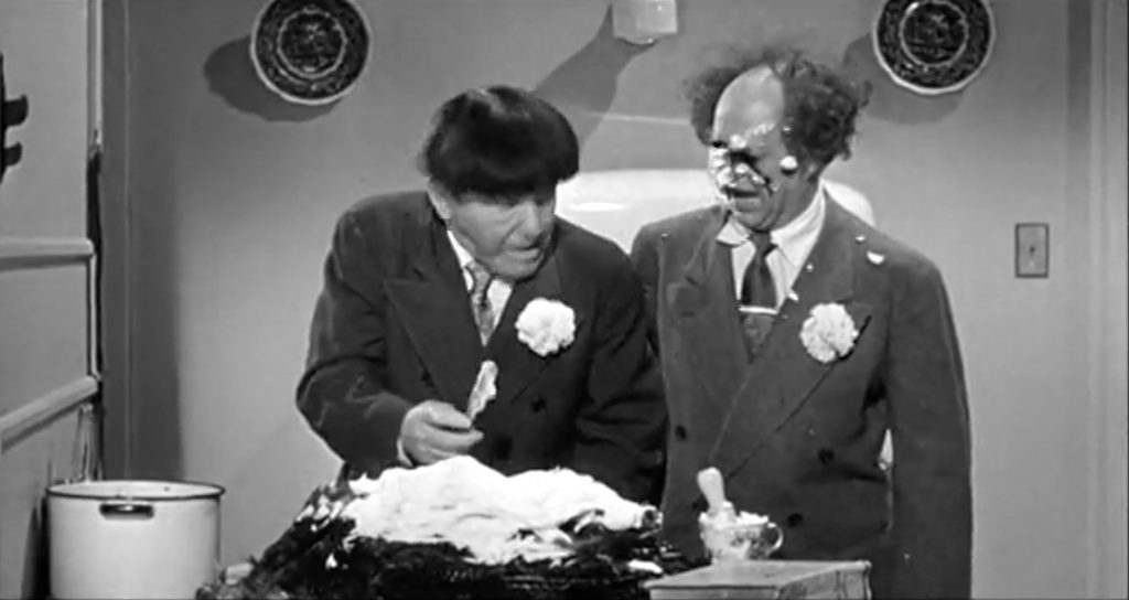 Moe and Larry shave the turkey - with shaving cream!