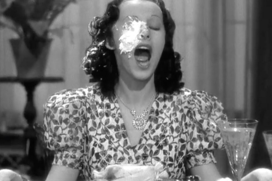 Sherry getting pied in Three Sappy People (1938) starring The Three Stooges (Moe Howard, Larry Fine, Curly Howard), Bud Jamison