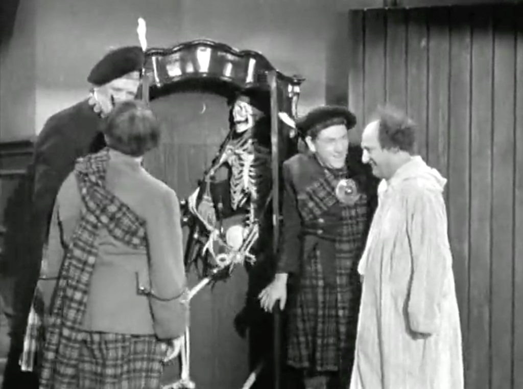 A literal skeleton in the closet at the end of "Scotched in Scotland" - Moe, Larry, Shemp, and the Earl