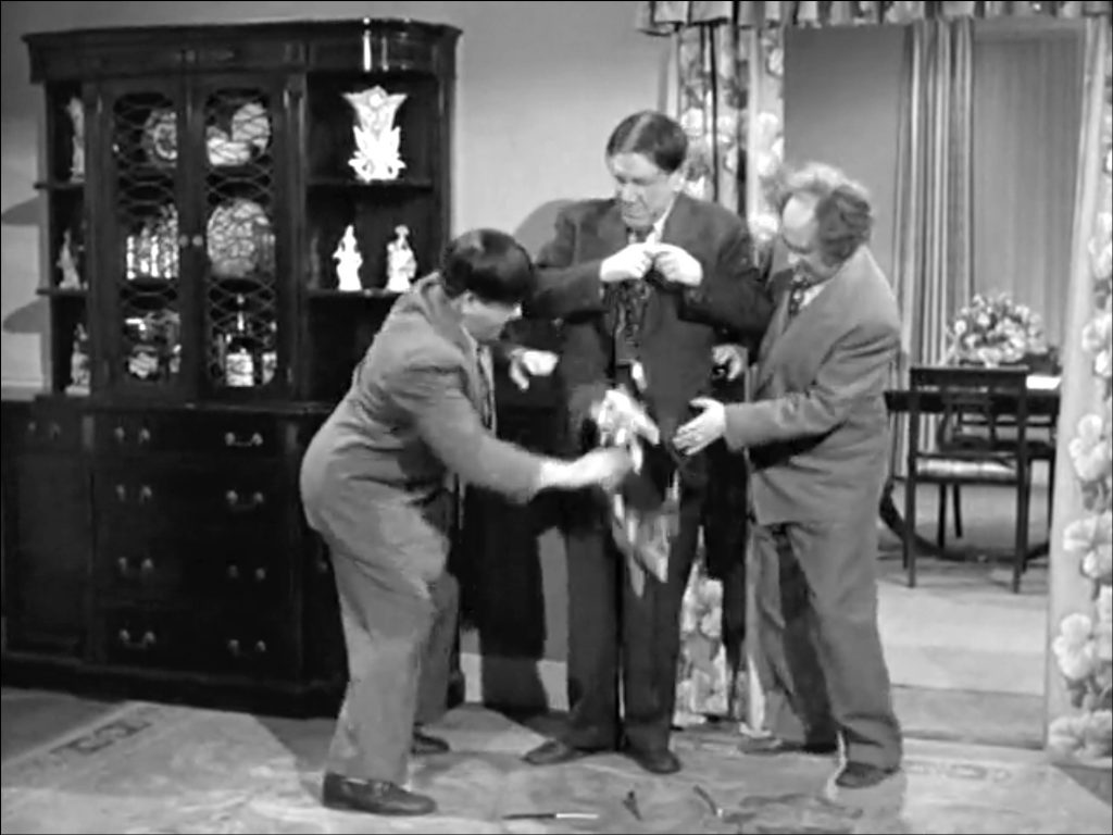 Funny recurring gag in "Baby Sitters Jitters" where Shemp keeps swiping items, and getting caught by Moe and Larry