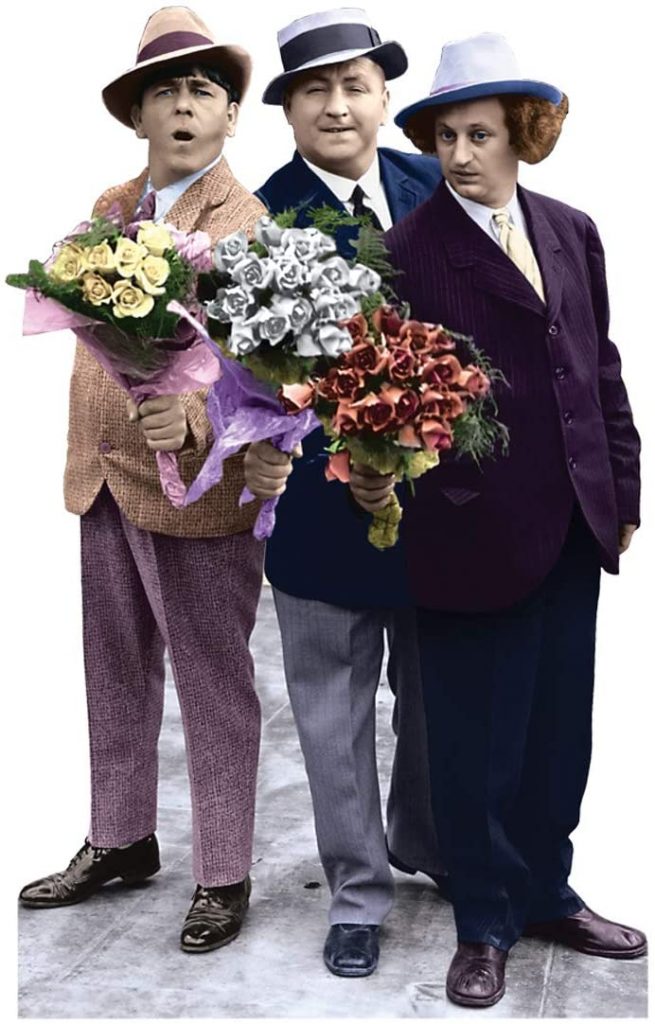 The Three Stooges - Moe, Curly, Larry - presenting flowers in "The Sitter Downers"