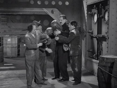 The Three Stooges are stowaways with Borscht in "Dunked in the Deep"