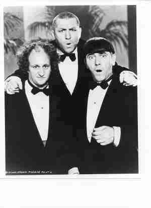 Moe, Larry, and Curly in tuxedos in "Three Sappy People"