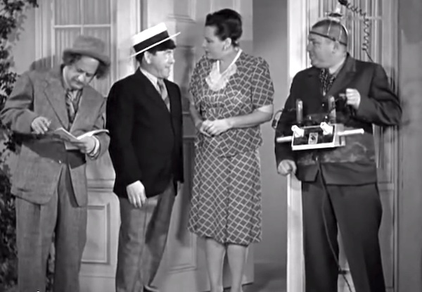 Spook Louder - the Three Stooges as salesmen, trying to sell a weight loss machine to Symona Boniface