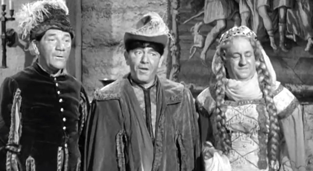 The Three Stooges as troubadours (Moe, Larry, Shemp" in "Knutzy Knights"